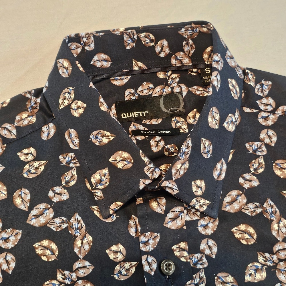 Quieti Stretch Cotton S Small Long Sleeve Navy w/ Leaf Pattern Shirt NWT L975 - Picture 5 of 6